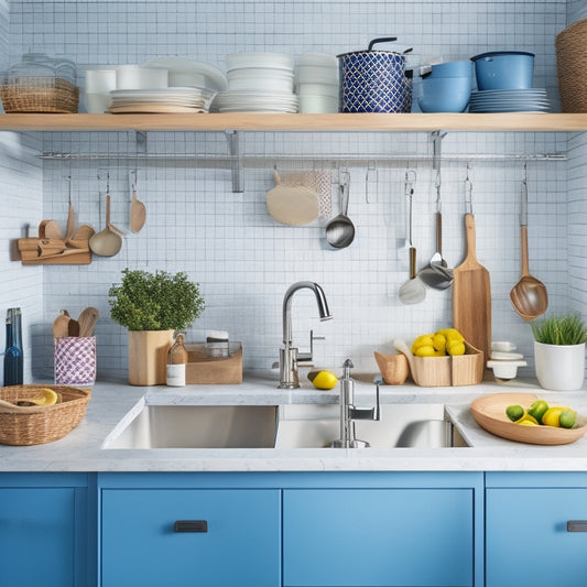 A bright, modern kitchen with a sleek sink, surrounded by 10 distinct storage solutions: woven baskets, stainless steel containers, and a pull-out drawer, all bursting with kitchen utensils and tools.