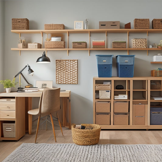 A tidy, well-lit room with a mix of modern and rustic organizational systems: woven baskets, sleek shelving units, colorful storage bins, and a minimalist desk with a few neatly arranged office supplies.