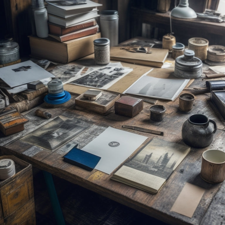 A cluttered studio table with scattered ink-stained papers, worn wooden blocks, and rusty metal etching tools, surrounded by half-finished prints and a few scattered art books.