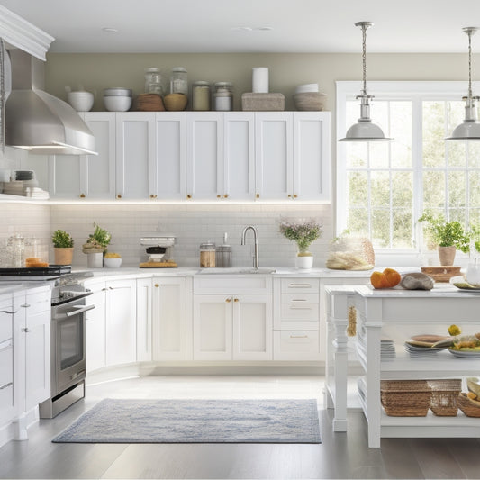 A serene kitchen with sleek, white cabinets, a stainless steel island, and a few, carefully selected cookbooks on a built-in shelf, surrounded by plenty of empty counter space and a few, neatly arranged utensils.