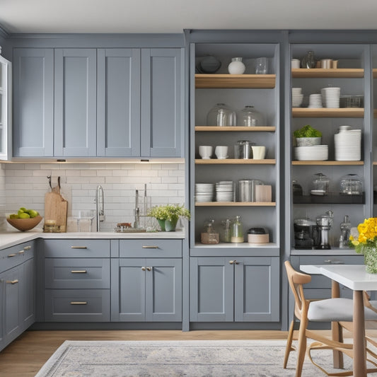 A bright, modern kitchen with newly refaced cabinets in a soft gray hue, featuring pull-out shelves, vertical dividers, and a mix of glass and wooden doors, with a few open to reveal organized contents.