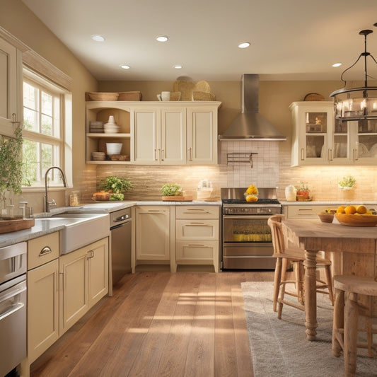 A warm, well-lit kitchen with a U-shaped layout, featuring a farmhouse sink, pull-out cabinetry, and a walk-in pantry with adjustable shelving, all in a calming color scheme with natural wood accents.