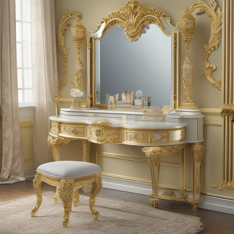 A lavish, ornate vanity set featuring a large, oval-shaped mirror with beveled edges, a stylish desk with curved legs, and a storage unit adorned with intricate carvings and gold accents.