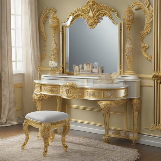 A lavish, ornate vanity set featuring a large, oval-shaped mirror with beveled edges, a stylish desk with curved legs, and a storage unit adorned with intricate carvings and gold accents.