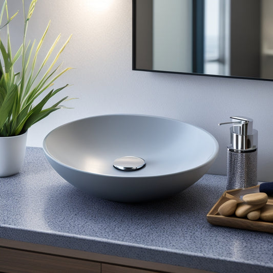 A sleek, modern bathroom countertop with a stainless steel WC brush holder, circular with a flat base and curved handle, placed beside a minimalist sink and a few decorative pebbles.