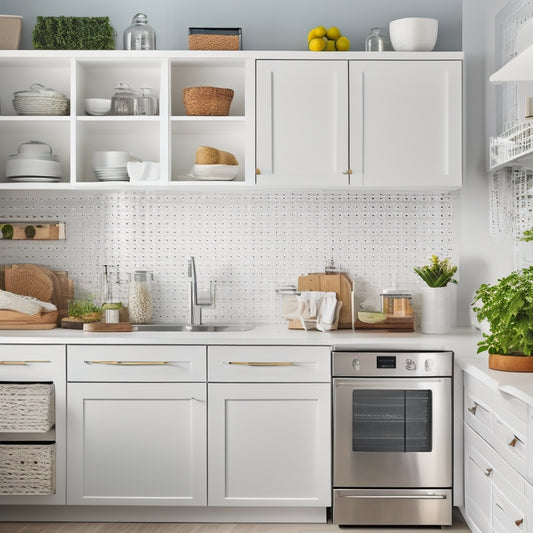 A bright, organized small kitchen with sleek white cabinets, stainless steel appliances, and a mix of open and closed storage solutions, including a pegboard, baskets, and a utensil organizer.