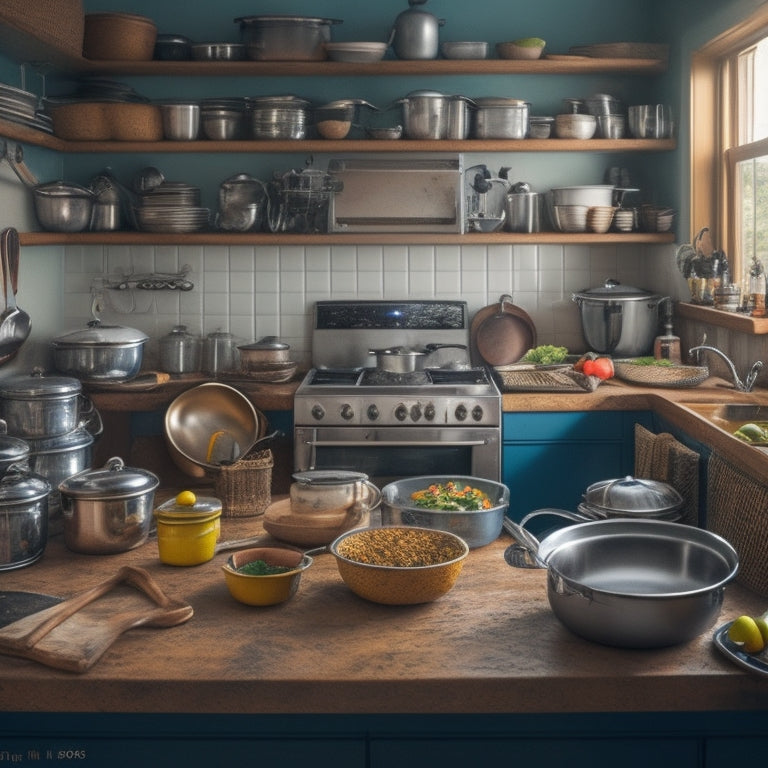 A cluttered, cramped kitchen with pots and pans overflowing from open cabinets, utensils scattered on countertops, and a messy sink area, contrasted with a tidy, organized kitchen in the background.