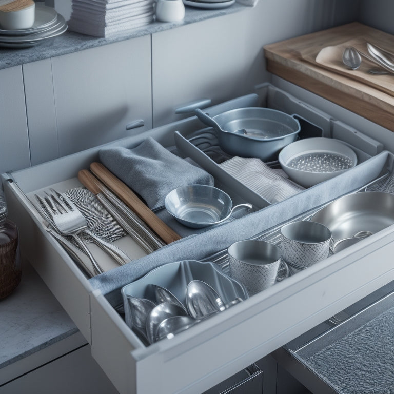 A serene kitchen drawer interior with neatly arranged utensils, dividers, and cookbooks, featuring a soft gray and white color scheme, warm lighting, and a few strategically placed decorative accents.