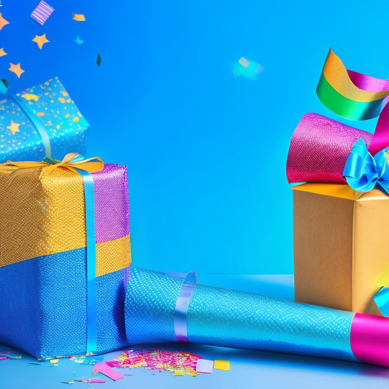 A bright, bursting package wrapped in colorful newspaper rolls, adorned with shiny ribbons and confetti, set against a bold, gradient blue background with subtle newspaper texture.