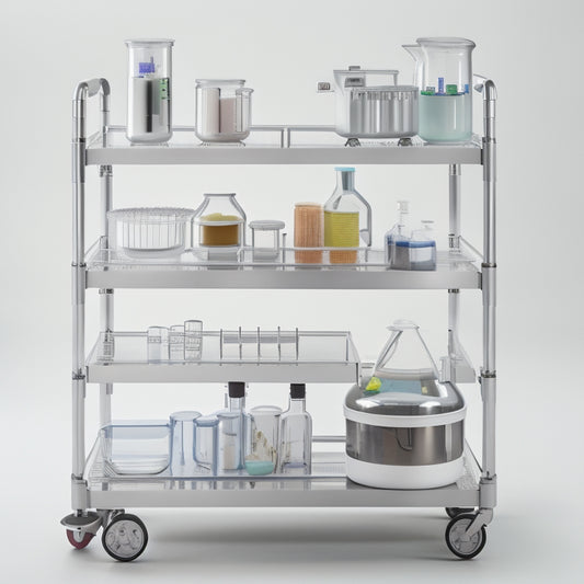 A sleek, silver mobile science cart with rounded edges and transparent shelves, adorned with various beakers, test tubes, and lab equipment, set against a clean, white laboratory background.