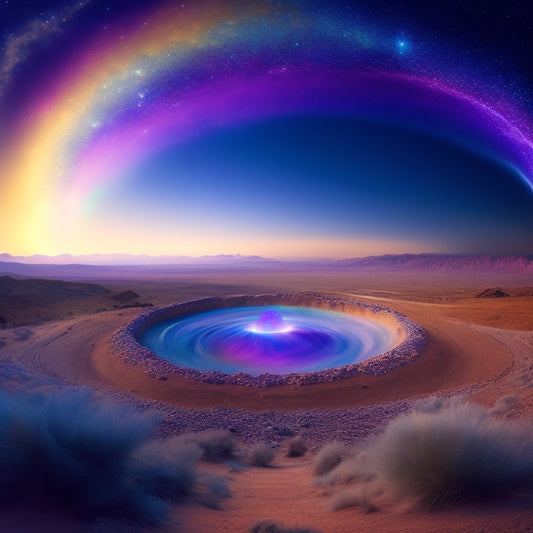 A cosmic, swirling vortex of iridescent mist, surrounded by orbiting, glowing gemstones, with a faint, shimmering outline of the Shattered Plains landscape in the background.