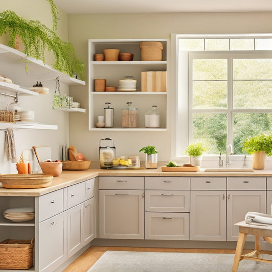 A bright, modern kitchen with warm beige cabinets, soft gray countertops, and a large window letting in natural light, showcasing various storage solutions like pull-out shelves, baskets, and a pegboard.