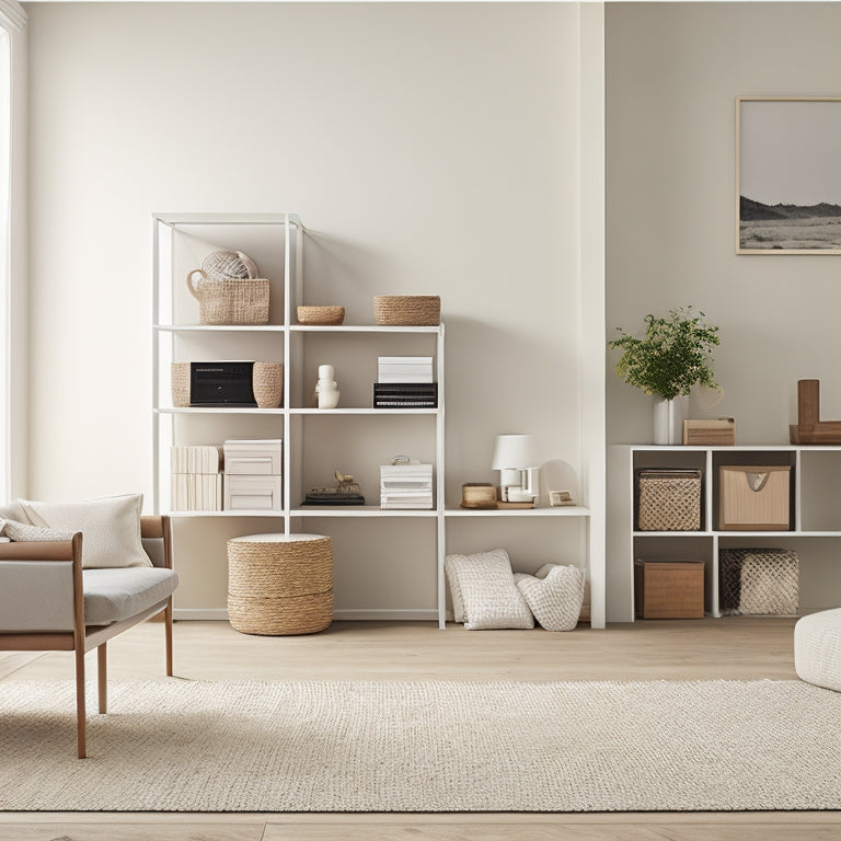 A serene, minimalist living room with a neutral color palette, featuring a sleek, white shelving unit with neatly labeled storage bins and baskets, surrounded by sparse, elegant decor.