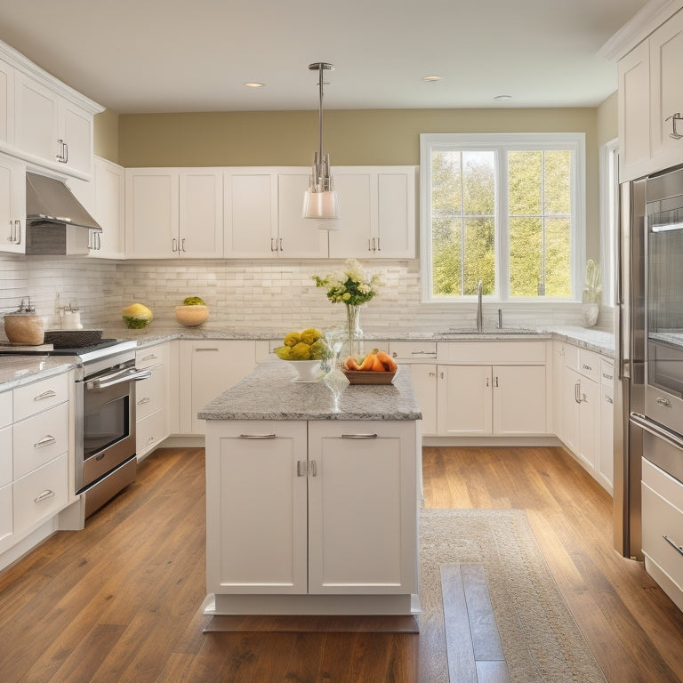 A modern kitchen with creamy white cabinets, stainless steel appliances, and warm hardwood floors, featuring an L-shaped layout with a large island and a window above the sink.