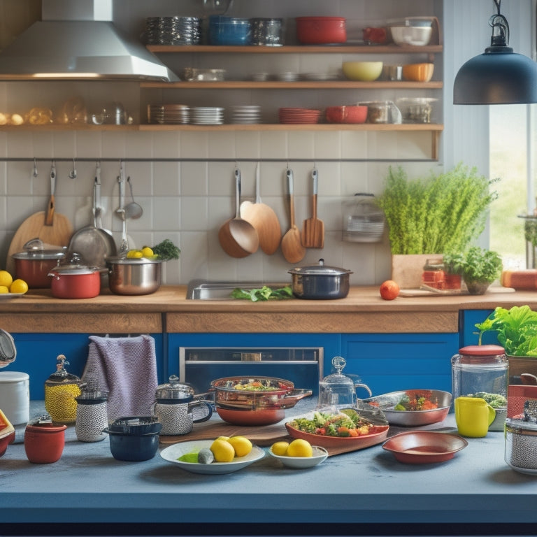 A cluttered kitchen with scattered utensils, pots, and pans, contrasted with a tidy, customized kitchen space featuring a solo cook effortlessly preparing a meal amidst organized countertops and sleek storage solutions.