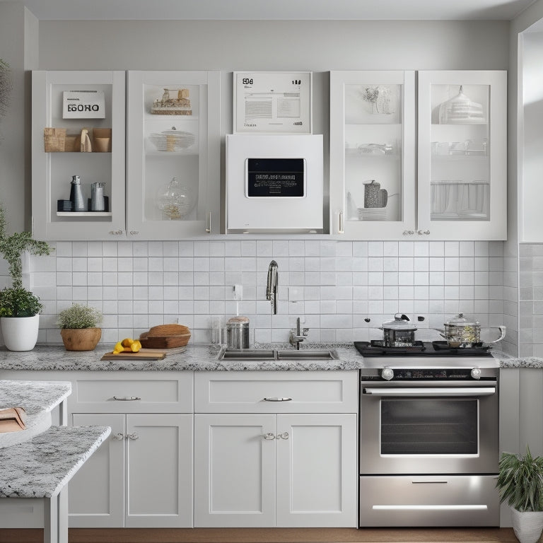 A tidy kitchen with sleek, white cabinets and granite countertops, featuring a large, wall-mounted tablet displaying a kitchen design app, surrounded by scattered kitchen utensils and design inspiration boards.