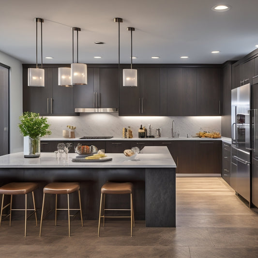 A sleek, modern basement kitchen with polished concrete floors, white quartz countertops, and a large island with pendant lights, surrounded by warm, dark wood cabinetry and a wine fridge.