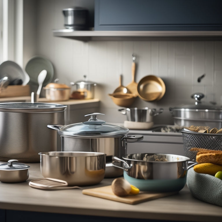 A kitchen counter with a cluttered background, featuring a STORLUX Pan Organizer in the center, holding various cookware and utensils in an organized and tidy manner, with soft, warm lighting.