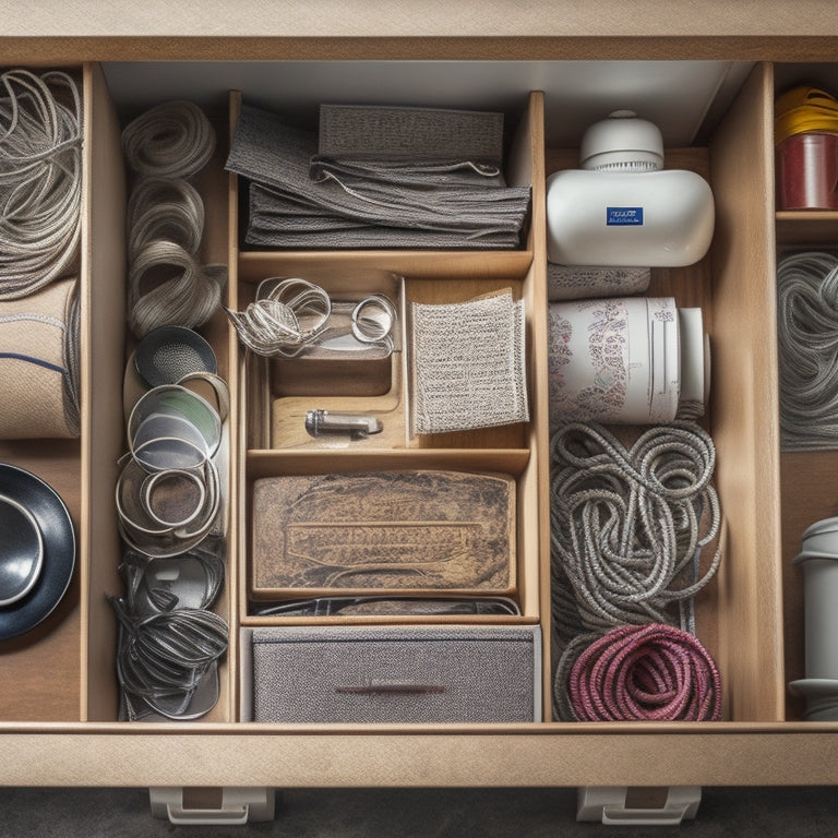 A cluttered kitchen junk drawer overflowing with tangled cords, crumpled papers, and scattered utensils, next to a serene, organized drawer with categorized compartments and a few neatly coiled cords.