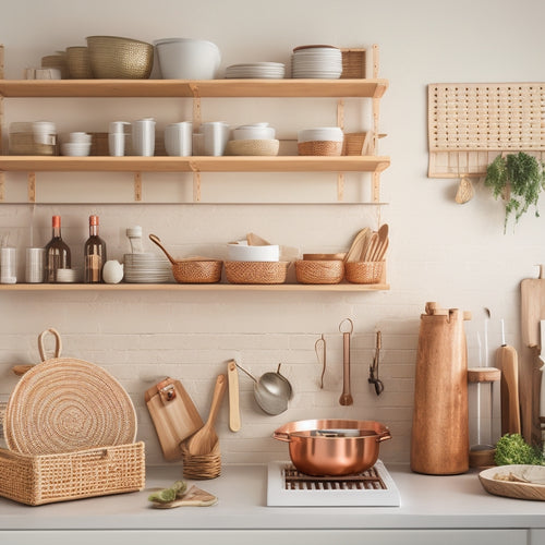 A bright, modern kitchen with open shelving, woven baskets, and a pegboard adorned with copper utensils, set against a soft, white backdrop, with warm, golden lighting.