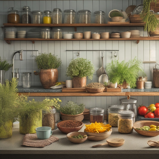 A cluttered kitchen countertop with scattered utensils, overflowing spice racks, and stacked dirty dishes, contrasted with a clean and organized section featuring a few, neatly arranged jars and a small, potted herb plant.