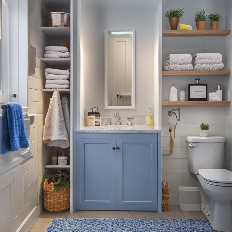 A tidy, well-lit bathroom with a pedestal sink, a slide-out drawer underneath, and a wall-mounted storage unit with baskets and hooks, showcasing organized cleaning supplies and toiletries.