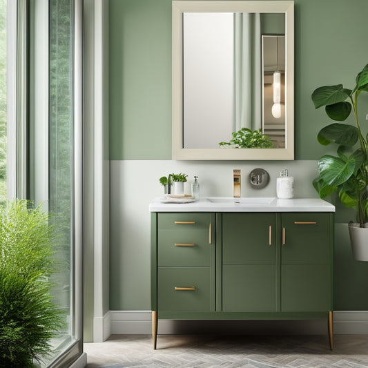 A modern bathroom with a large, wall-mounted mirror above a green leaf vanity base cabinet with a sleek, chrome faucet and a decorative, curved towel rack beside it.