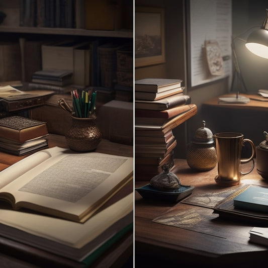 A split-screen image featuring a cluttered, dimly lit desk with scattered notes and textbooks on one side, and a tidy, well-organized desk with a single, highlighted textbook and a cup of coffee on the other.