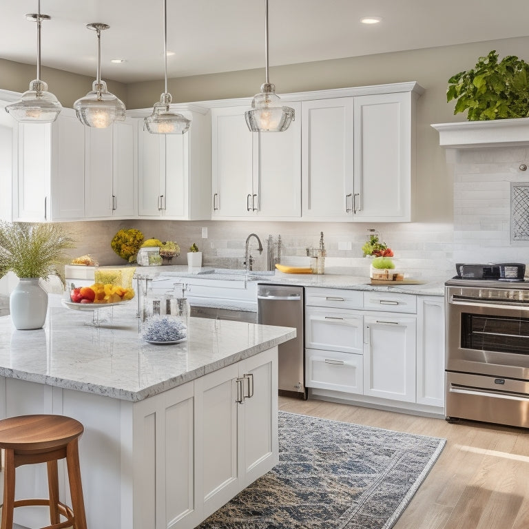 A bright, modern kitchen with sleek white cabinets, stainless steel appliances, and a large island in the center, showcasing optimized storage and a clutter-free layout.