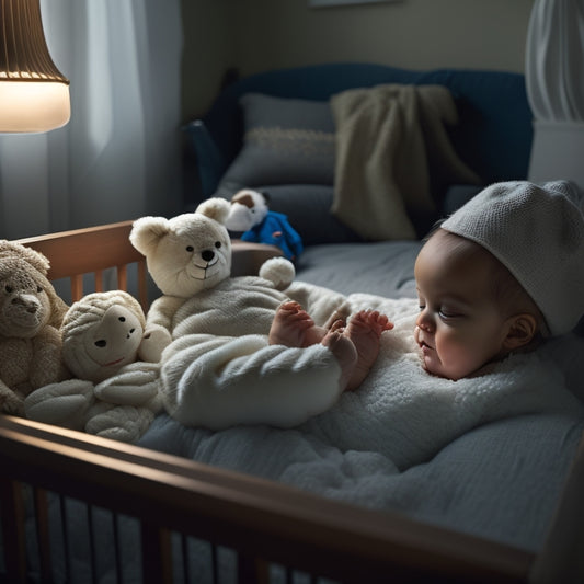 A serene, warm-lit nursery scene featuring a crib, a changing table, and a plush toy, with a soft focus on a gentle adult hand cradling a sleeping infant's head.