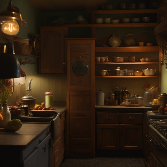 A dimly lit kitchen with a single, slightly ajar cabinet door, revealing cluttered shelves with expired cans, dusty cookbooks, and a few mysterious, shadowy objects lurking in the back.