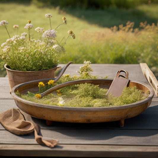 A rustic wooden tray with a distressed finish, adorned with a galvanized metal handle and three wooden legs, placed on a vintage-inspired burlap background, surrounded by scattered greenery and flowers.