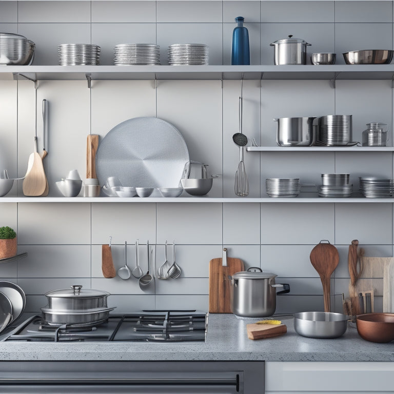 A sleek, modern kitchen with a stainless steel lid rack mounted on a wall, holding various sizes of lids in a tidy, organized manner, surrounded by countertops and kitchen utensils.