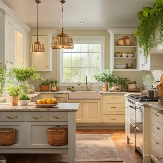 A warm and inviting kitchen with creamy white cabinets, distressed wood island, and vintage-inspired lighting fixtures, surrounded by lush greenery and pops of warm golden accents.