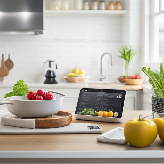 A modern kitchen countertop with a tablet displaying a meal planning app, surrounded by a stand mixer, utensils, and a bowl of fresh ingredients, with a smartphone and a wireless scale in the background.
