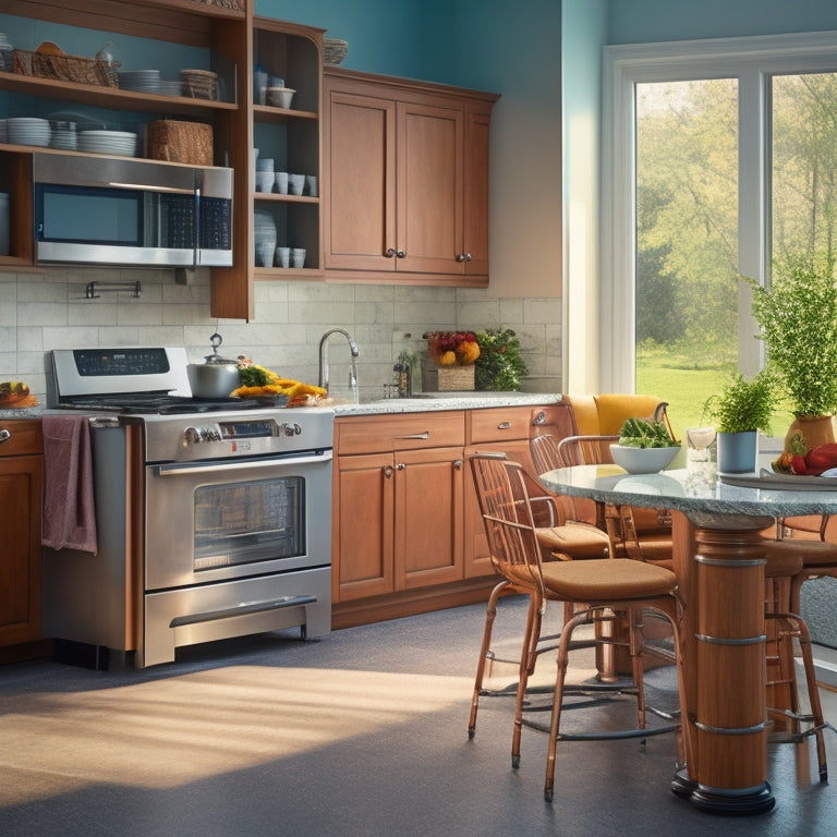 An image of a modern kitchen with a wheelchair-accessible island, featuring a lowered countertop at 34 inches high, ample knee space, and a roll-out sink with lever-handle faucet.