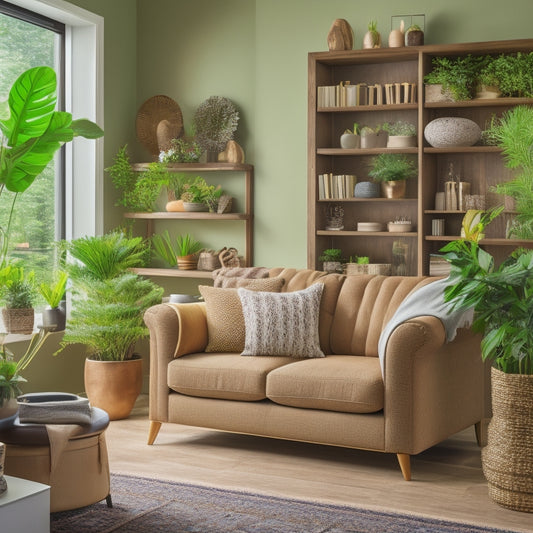 A warm, inviting living room with a unique, curved wooden shelf displaying quirky decorative items, surrounded by lush green plants and soft, golden lighting.