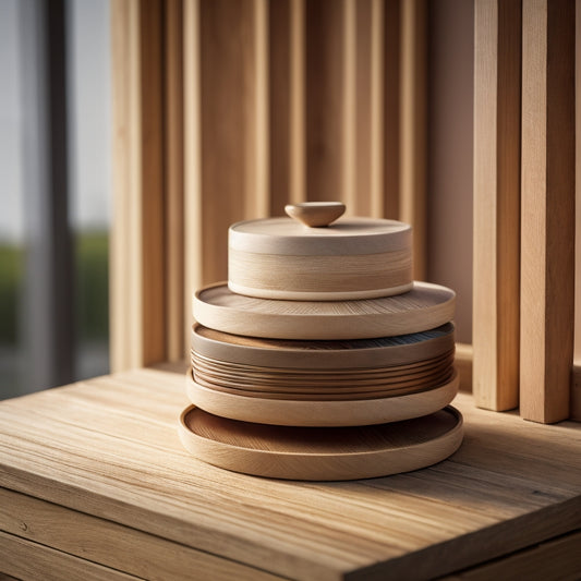 A wooden DIY lid storage rack with 5 horizontal slats, against a light-wooden background, with various lids of different sizes and shapes neatly organized on each slat.