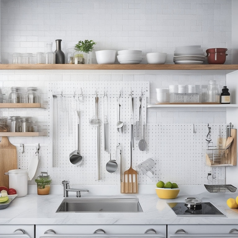 A modern kitchen with sleek, white cabinets, featuring a pegboard with hanging utensils, a pull-out pantry with labeled baskets, and a countertop with a built-in knife block and spice rack.