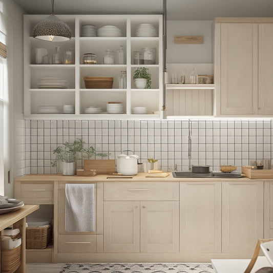 A serene, well-lit kitchen with a redesigned cabinet, featuring soft-close drawers, adjustable shelves, and a pegboard with neatly hung utensils, surrounded by calming white and wood tones.