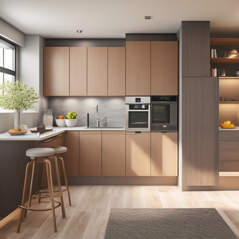 A modern, sleek kitchen with a compact island, wall-mounted appliances, and a pull-out pantry, set against a backdrop of light gray walls and warm wooden accents.