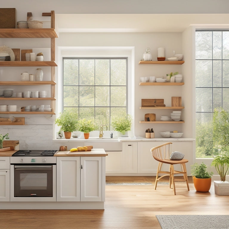 A bright, modern kitchen with sleek white cabinets, warm wooden accents, and a large window letting in natural light, featuring a mix of floating shelves, ladder bookcases, and hanging utensil racks.