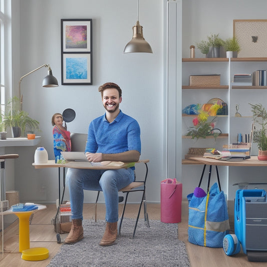 A colorful illustration of a confident, smiling young adult with a disability, standing in a modern, organized living space, surrounded by visual reminders and tools, with a planner and laptop nearby.