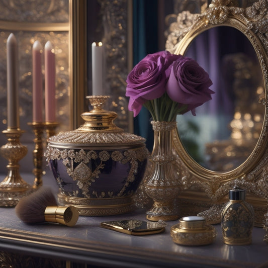 A luxurious, velvet-draped vanity adorned with golden makeup brushes, crystal perfume bottles, and a stunning, ornate mirror reflecting a flawless, glamorous face with impeccable makeup.