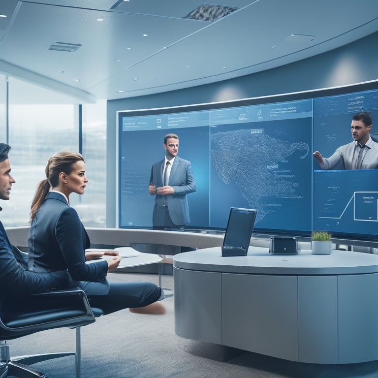 A futuristic, sleek conference room with a large touchscreen display showing a digital checklist, surrounded by diverse professionals in modern attire, collaborating and pointing at the screen with confidence.