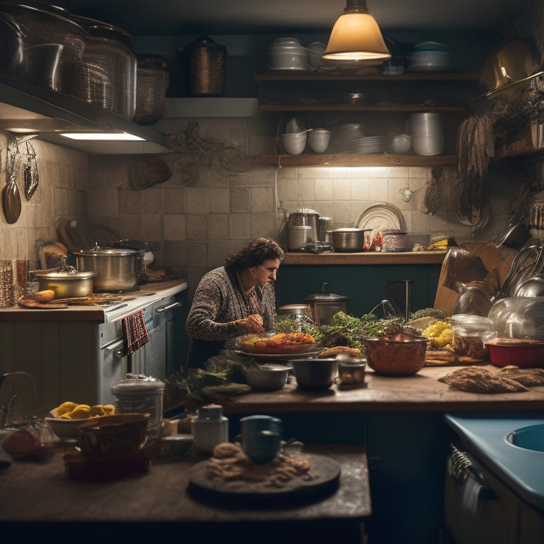 A dimly lit kitchen with cluttered, overflowing cabinets, utensils and food items spilling out, a messy counter, and a frazzled person in the background, surrounded by chaos.