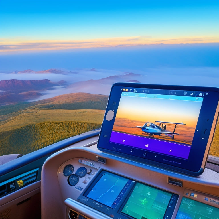 An aerial view of a tablet on a cockpit dashboard, Garmin Pilot app open on the screen, with a small airplane flying in the background, surrounded by clouds and blue sky.