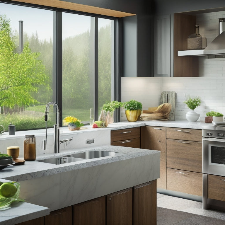 A modern kitchen with sleek countertops, a large window, and a revolutionary workstation sink featuring built-in utensil holders, a built-in cutting board, and a retractable faucet.