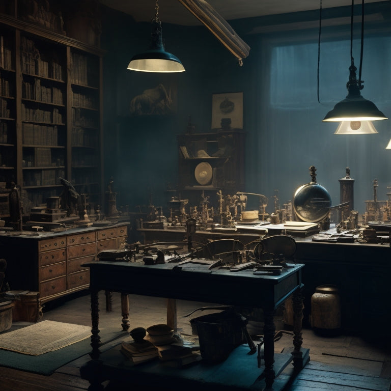 A dimly lit, modern laboratory with sleek workstations, surrounded by shelves of antique books and peculiar, archaic tools, featuring a conservator meticulously repairing a torn, 18th-century manuscript under a magnifying glass.