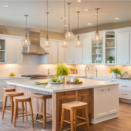 A bright, modern kitchen with sleek white cabinets, polished chrome fixtures, and a stunning quartz island, surrounded by a mix of pendant lamps and rustic wooden accents.